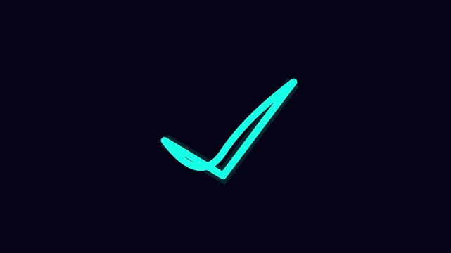 Animated neon check mark glowing teal tick symbol for ui and task completion animation 4k