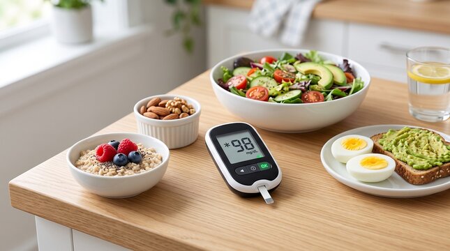 Healthy breakfast meal with a glucose meter on a wooden table, showing a blood sugar reading of 98 mgdl, featuring oatmeal, nuts, salad, avocado toast, and boiled eggs manage diabetes