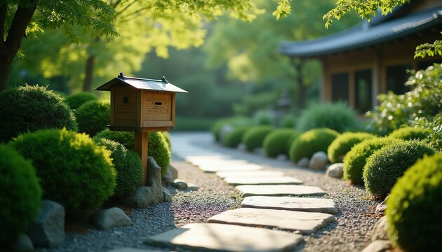 Wooden mailbox stands by stone pathway in peaceful green garden. Rich bushes grow along walkway near traditional house. Sunlight illuminates serene backyard landscape area. Scenic nature park