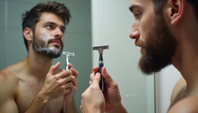 Man shaving in bathroom mirror with shaving cream applied on face. Grooming routine involves clean razor and focus on beard trimming process. Concept of personal care and male grooming routine.