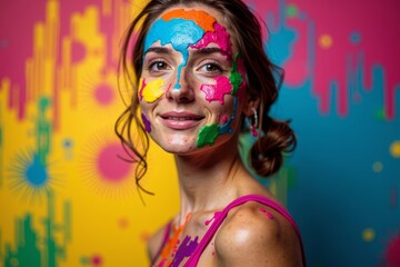 Obraz premium Bird's Eye View: Woman Drenched in Colorful Paint Fusing with Abstract Background