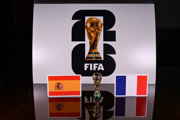 Obraz premium July 9, 2026, United States. Flags of the participating teams of the FIFA World Cup semi-finals of the national teams of France and Spain.