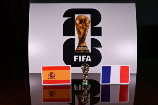 July 9, 2026, United States. Flags of the participating teams of the FIFA World Cup semi-finals of the national teams of France and Spain.