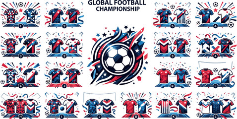 Obraz premium Global Football Championship Jersey Collection with International Soccer Team Kits, Tournament Uniform Designs, Central Ball Emblem, and Sports Apparel Vector Set
