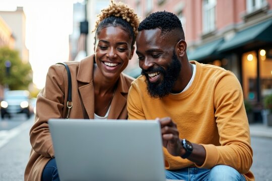 Happy African American couple working together on a laptop in a lively city environment.