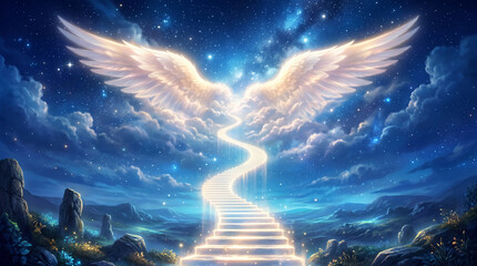 Obraz premium Luminous white wings at the top of a glowing stairway to heaven in a starry sky.