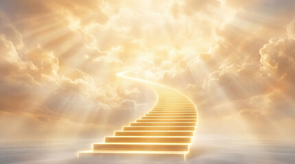 Obraz premium Golden Stairway Leading Upward Into Divine Heavenly Light and Clouds.
