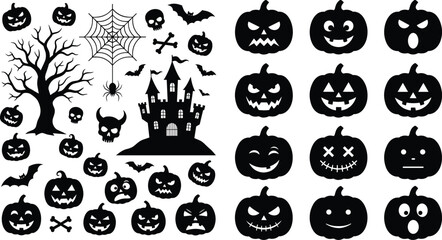 Naklejka premium Halloween Pumpkin Face and Silhouette Set with Haunted House, Spider Web, Tree, Bat, and Crossbone Symbols Collection