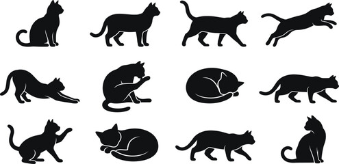 Fototapeta premium Cat Silhouette Collection Featuring Sitting Walking Running Stretching Sleeping and Jumping Domestic Feline Black Vector Illustration Set