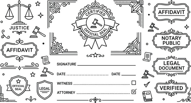Legal Document Icon Set with Justice Scale, Official Seal, Notary Public Badge, Affidavit, Signature Line, and Verified Stamps