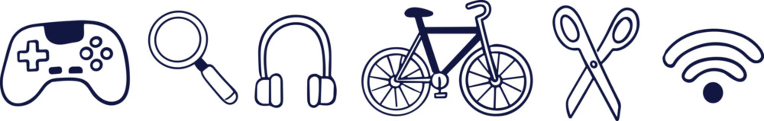 Set of six simple line art icons representing a gamepad magnifying glass headphones bicycle scissors and wifi symbol © Sourav Sou