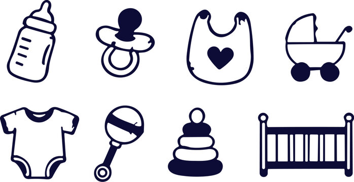 Collection of cute baby icons including bottle pacifier bib stroller bodysuit rattle stacking toy and crib