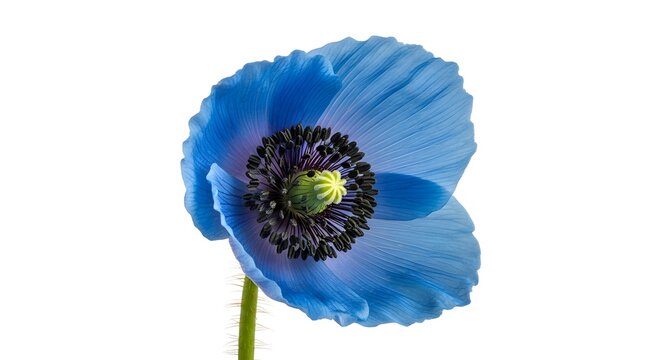 Blue poppy flower isolated on white with selective focus and delicate petals