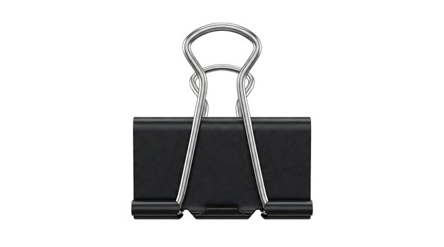 Black metal binder clip for office stationery isolated on transparent background