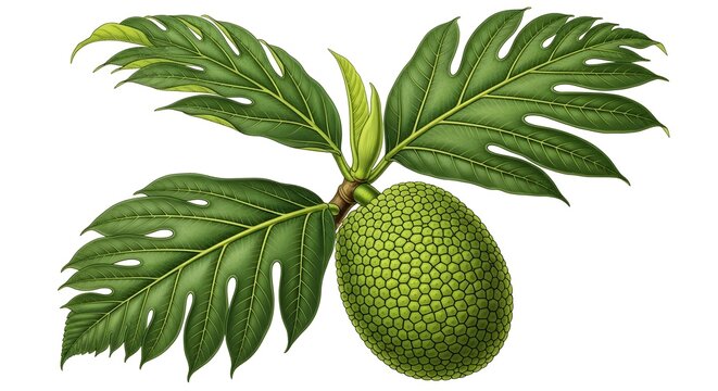 Breadfruit on branch with green lobed leaves against clean white background in natural light for food concepts