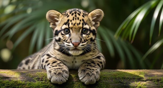 Clouded leopard cub resting on mossy log in lush jungle with soft bokeh background