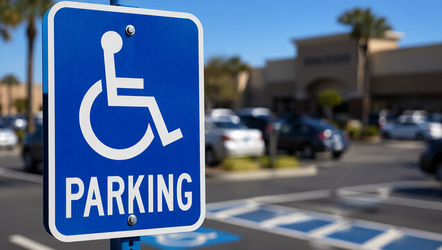 Primer plano de una se&ntilde;al de aparcamiento para personas con discapacidad (azul y blanca) en el estacionamiento de un centro comercial en un d&iacute;a soleado, con coches desenfocados