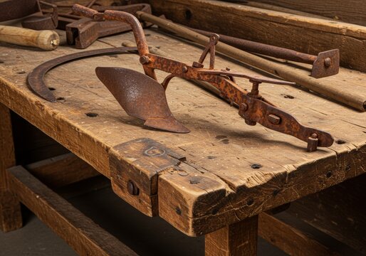Antique rusty hand plow and vintage farm tools displayed on a rough wooden workbench in a rustic workshop
