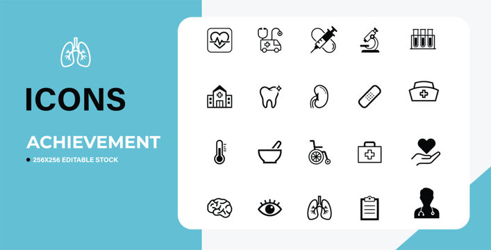 Medical health icons set for achievement and healthcare concepts  editable stock