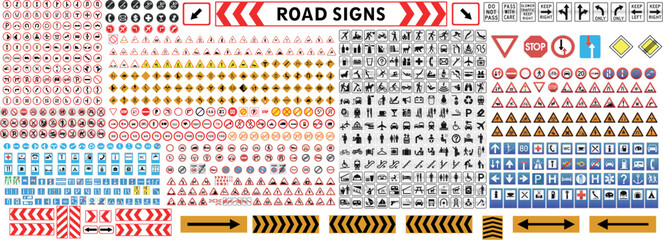 Traffic Road Sign Collection with Warning, Regulatory, Direction and Information Symbols Vector Set © Haider