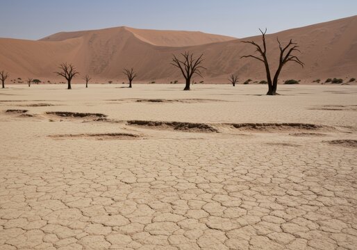 Silhouettes of ancient dead trees on a cracked clay pan beneath towering red sand dunes under a clear sky