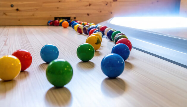 Colorful billiard balls arranged in a curved line on a wooden table, ready for a game