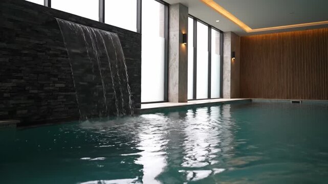 Indoor swimming pool with waterfall feature in luxury hotel spa.