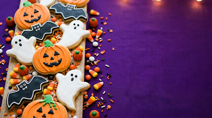 Fototapeta premium Halloween decorations with purple witch hat jack o lantern and spider web