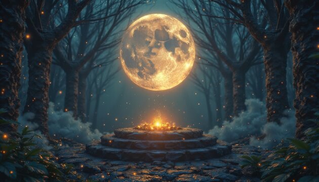 Enchanted forest with glowing full moon illuminating a mystical campsite, campfire flickering amidst trees, ethereal atmosphere invites adventure and exploration.