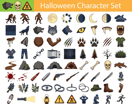 Halloween werewolf hunter and monster survival elements icon set. Containing werewolves, howling wolves, full moon phases, fangs, claws,skulls, bullets, guns, knives, and more