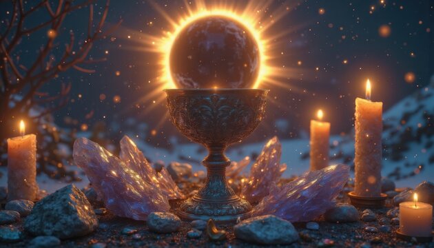 Mystical crystal ball glowing in silver chalice surrounded by lit candles and illuminated amethyst crystals, creating enchanting atmosphere in dark snowy environment. Concept of magic and divination.