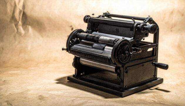 A Detailed View of an Antique Black Printing Press Machine in a Studio Setting