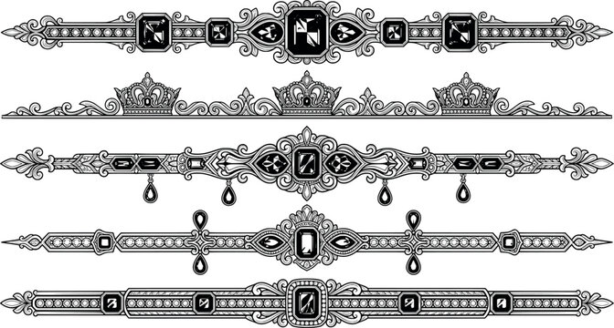 Set of vintage decorative dividers with gemstones and jewels transparent background