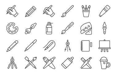 Brushes and Painting Web Icons Featuring Brush Color Palette Paint Bucket Paint Can Artist Supplies Creative Tools Line Style Vector Illustration Editable Stroke © HYPER