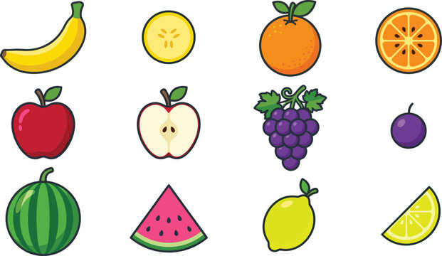 Fruit Icon Collection with Banana, Apple, Orange, Grapes, Watermelon, Lemon and Fresh Healthy Food Vector Set