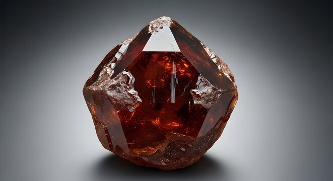 Fiery red garnet crystal with sharp facets against a smooth gradient background during studio lighting