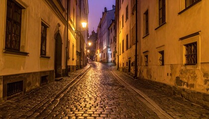 Fototapeta premium Warm streetlights illuminate a winding cobblestone alleyway in historic Europe at twilight