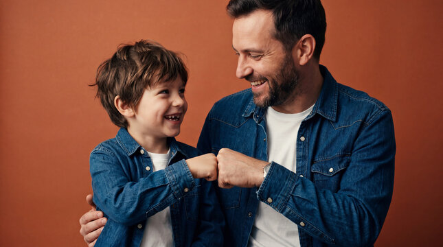 A cheerful father and young son share a playful fist bump in a studio setting, symbolizing teamwork, trust, friendship, and positive family connection.