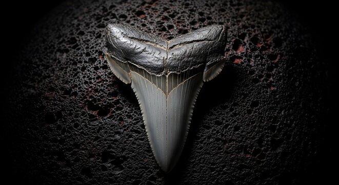 Fossilized Megalodon Shark Tooth resting on dark volcanic rock with dramatic lighting