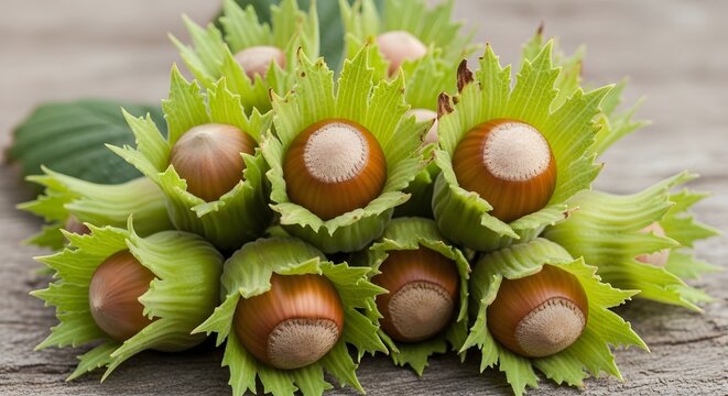 Fresh hazelnuts in husks on rustic wooden surface with soft natural lighting