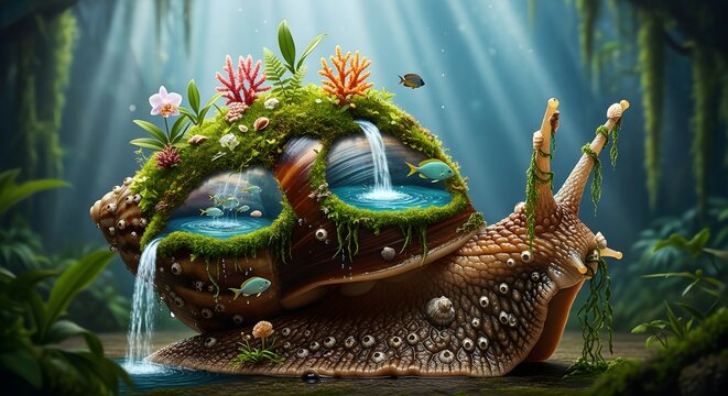 Giant Snail with Lush Ecosystem on Shell in Sunlit Forest Floor