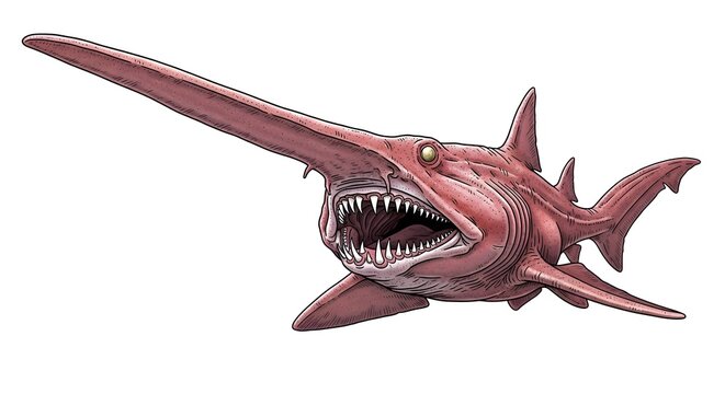Goblin shark with elongated snout and sharp teeth swims in deep ocean waters under dramatic lighting