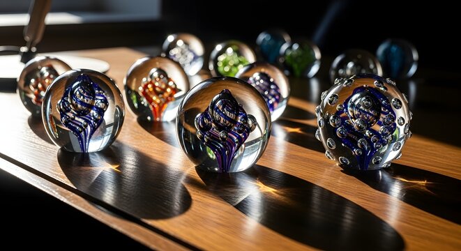 Glass marbles with intricate swirls on a wooden surface in warm sunlight with selective focus