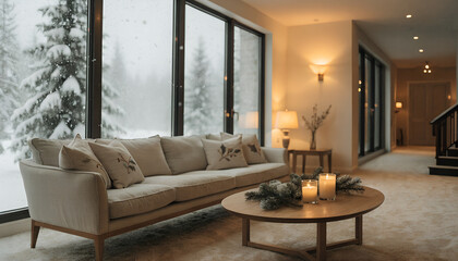 Fototapeta premium Cozy living room interior displays a soft beige sofa and a round wooden coffee table with glowing candles during a quiet winter snowfall outside.