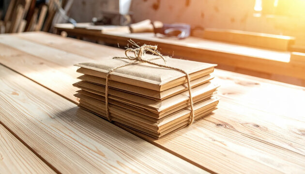 A Rustic Stack of Tied Brown Envelopes Resting on a Warm Wooden Surface