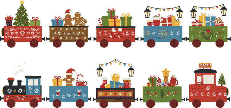 A festive collection of colorful christmas train cars carrying holiday gifts presents gingerbread cookies and evergreen trees isolated on a white background illustration
