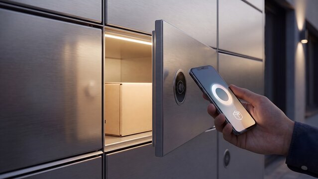 Smart Parcel Locker System. Hand unlocking automated delivery locker with smartphone NFC tap revealing package inside, contactless pickup and last mile delivery for ecommerce fulfilment