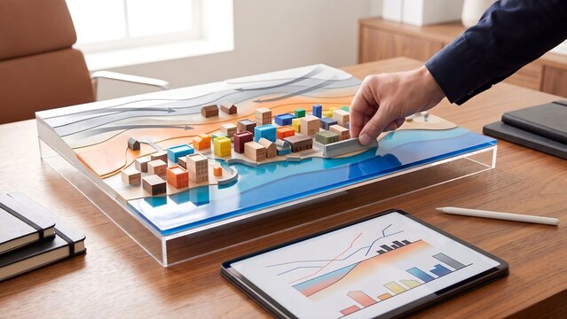 Urban Planning Strategy Dashboard. Executive hand placing building blocks on 3D city model with flow arrows alongside tablet showing bar and line charts, real estate development and market analytics