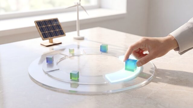 Renewable Energy Portfolio Management. Executive hand placing energy block on circular glass allocation board with solar panel and wind turbine models on desk for clean energy strategy planning