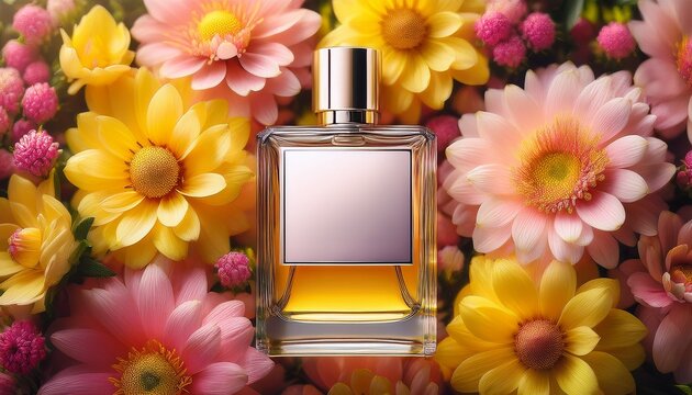 Blank Perfume Bottle Surrounded By Vibrant Yellow And Pink Flowers Creating Fresh And Inviting Atmosphere Perfect For Beauty And Fragrance Themes